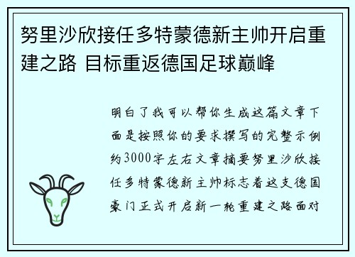 努里沙欣接任多特蒙德新主帅开启重建之路 目标重返德国足球巅峰 努里沙欣接任多特蒙德新主帅开启重建之路 目标重返德国足球巅峰