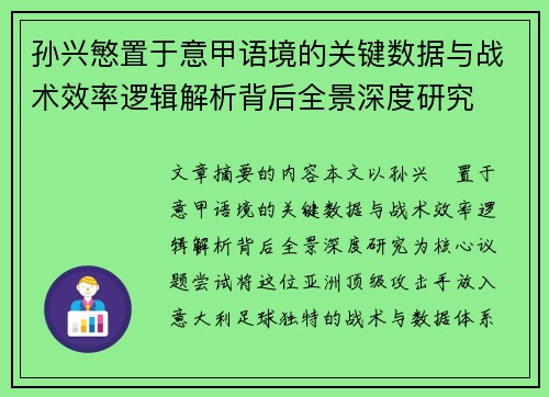 孙兴慜置于意甲语境的关键数据与战术效率逻辑解析背后全景深度研究