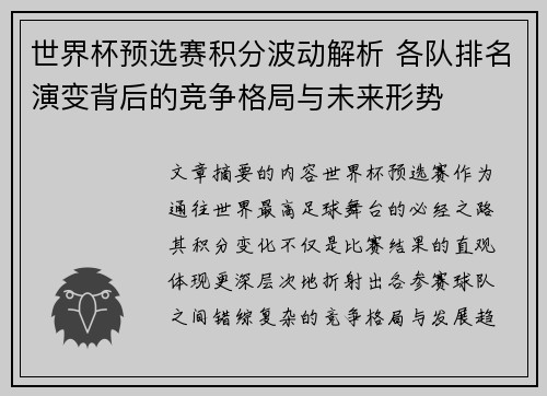 世界杯预选赛积分波动解析 各队排名演变背后的竞争格局与未来形势