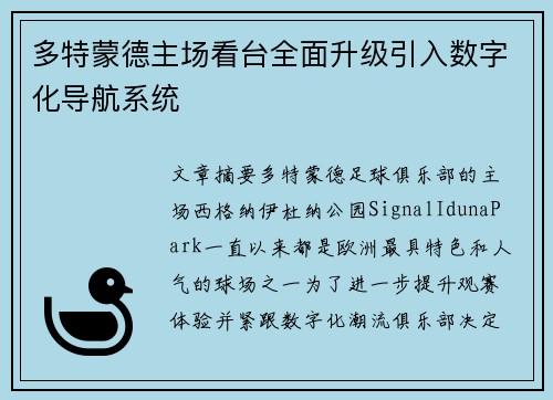 多特蒙德主场看台全面升级引入数字化导航系统